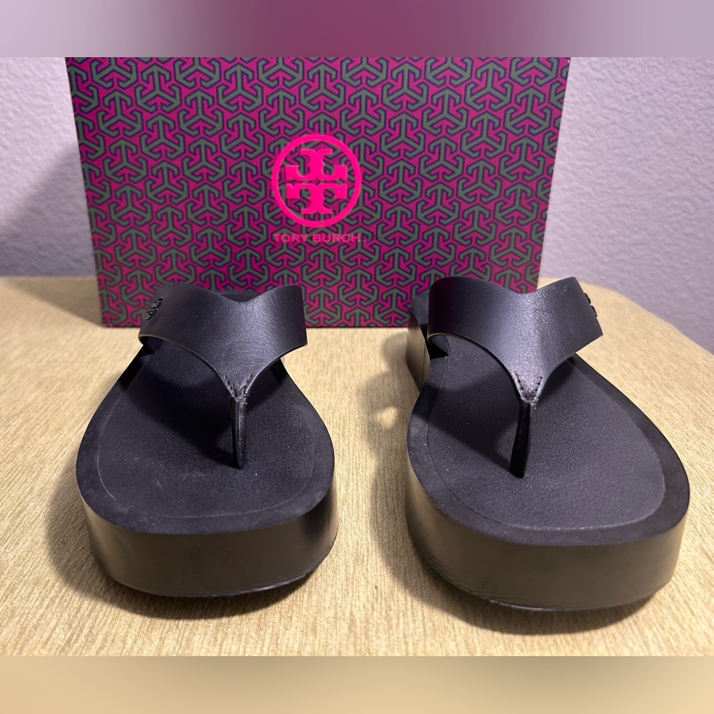 TORY BURCH BLACK LEATHER PLATFORM FLIP FLOP NAPPA LEATHER SIZE 7